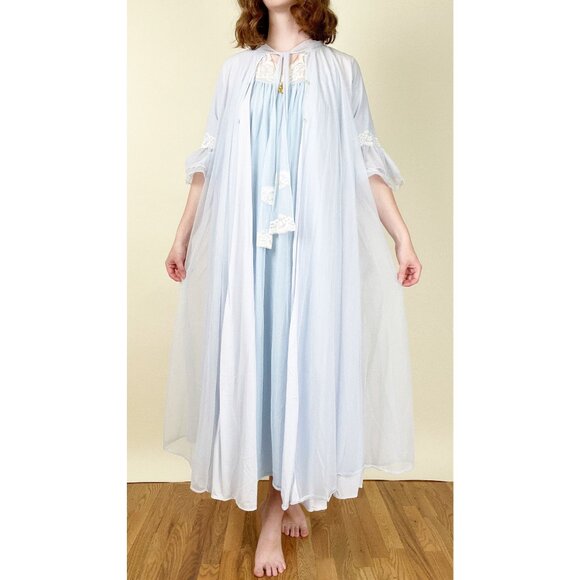 Vintage Chiffon Two Piece Matching Set Robe Slip Lace Maxi Chemise Dress 50s 60s - Picture 1 of 7